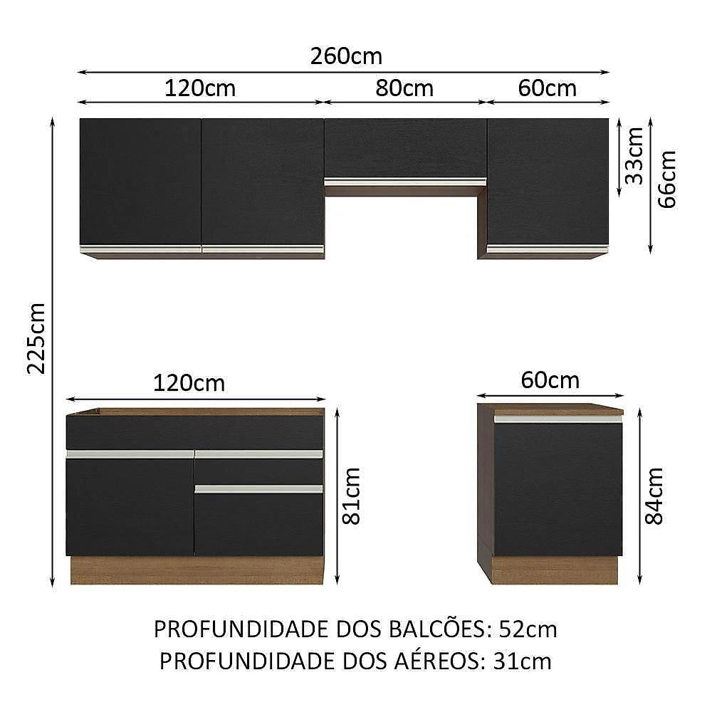 Armário De Cozinha 260Cm Rustic/Preto Glamy 05 Rustic/Preto