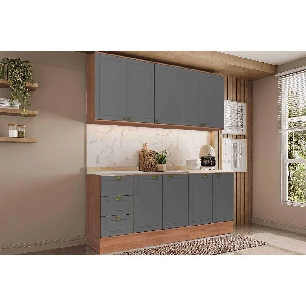 Kit Cozinha Bella C4P252 4 Peças 3 Gavetas MDF Nogal e Cinza Carraro