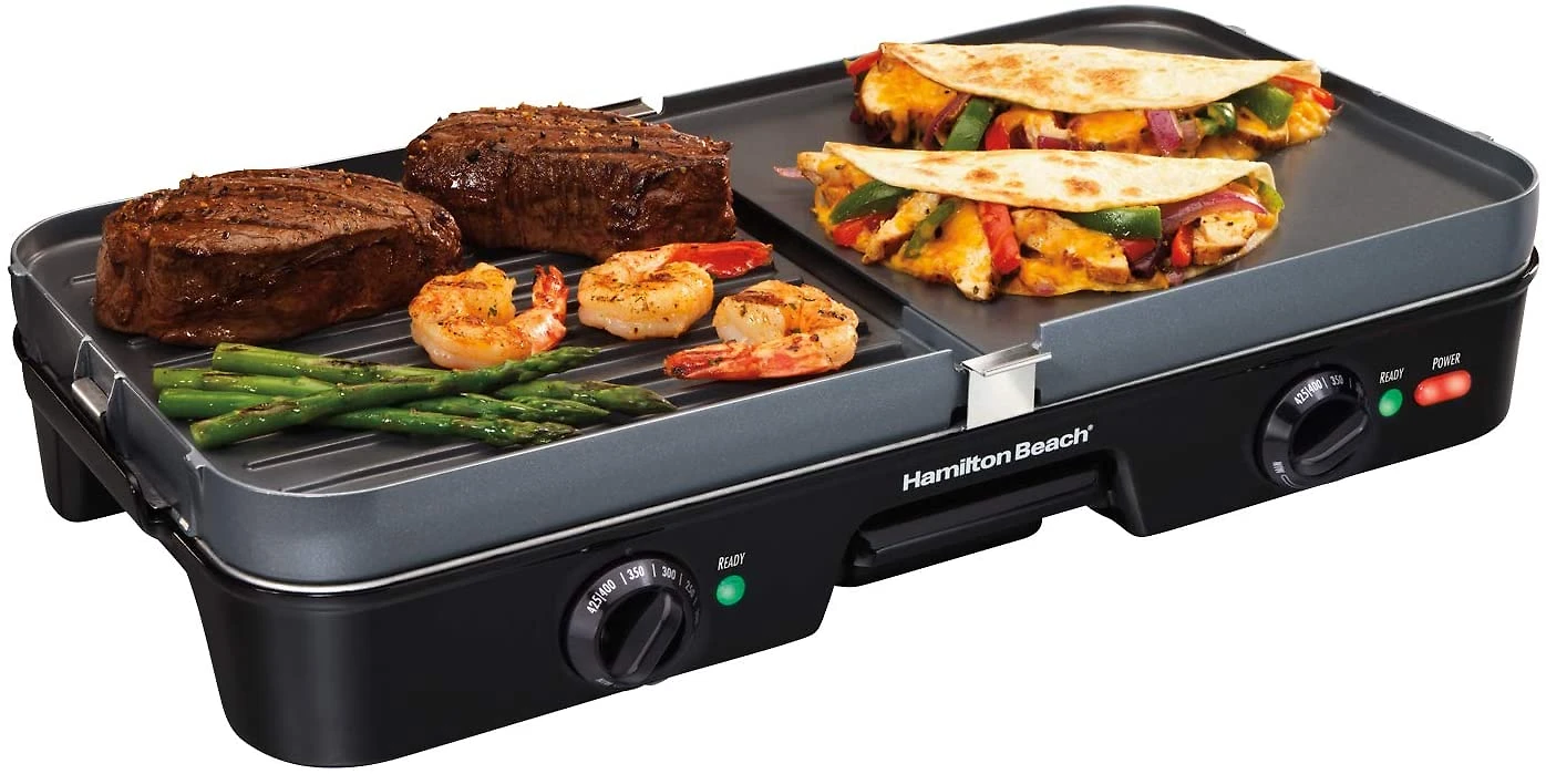 Hamilton Beach Churrasqueira elétrica grelha 8 porções placas antiaderentes reversíveis 2 zonas de cozimento com temperatura ajustável 38546 preto