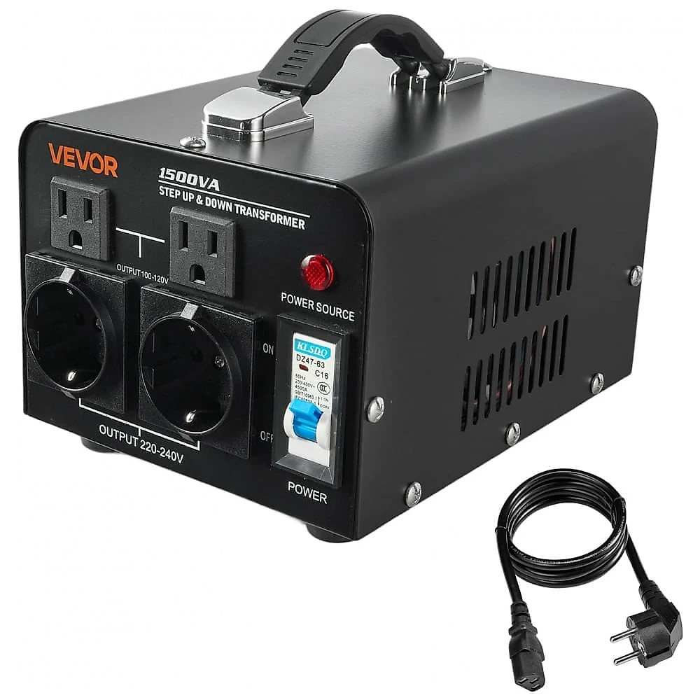 Conversor de Voltagem VEVOR 1500VA Elevação/Redução Pesado, 110V-220V, Tomadas EU/US, Proteção Disjuntor HYMG-1500VA