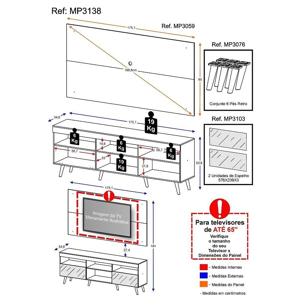 Miniatura Rack com Painel TV até 65" Espelho e Pés Retrô Multimóveis