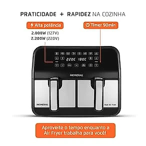 Fritadeira Elétrica Sem Óleo Air Fryer Mondial AFD-01-BI 8L Digital com Cesto Duplo– Preta/Inox 110V