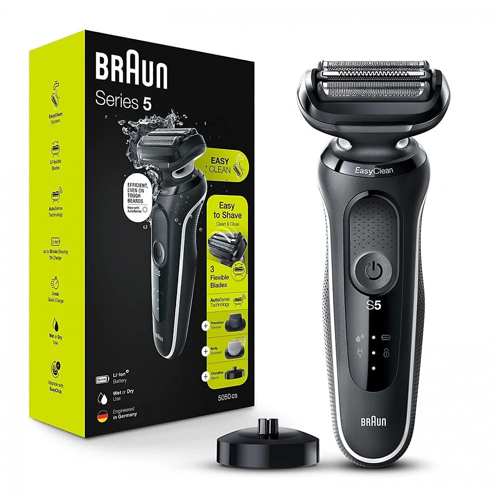 Barbeador Elétrico Masculino Portátil Braun 5050cs com Aparador de Barba e Aparador Corporal e Suporte de C...