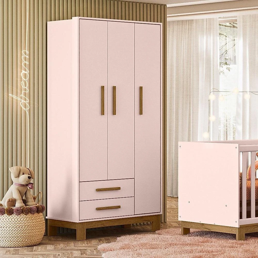 Quarto para Bebê Completo 3 Peças Guarda-Roupa, Cômoda e Berço Encanto Slim Quarto para Bebê Completo com Roupeiro Cômoda e Berço Encanto Slim Rosa Acetinado