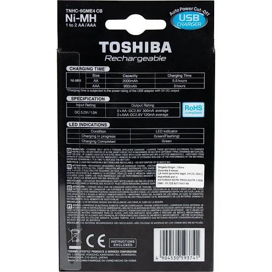 Carregador de pilha usb tnhc-6gme4 cb (com4 pilhas aa 2000 mah) toshiba