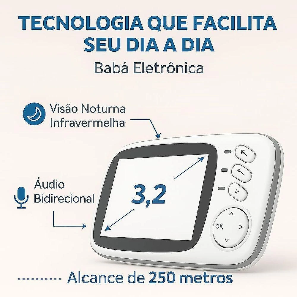Babá Eletrônica Tela 3,2 Visão Noturna Áudio Bidirecional Canção de Ninar Branco
