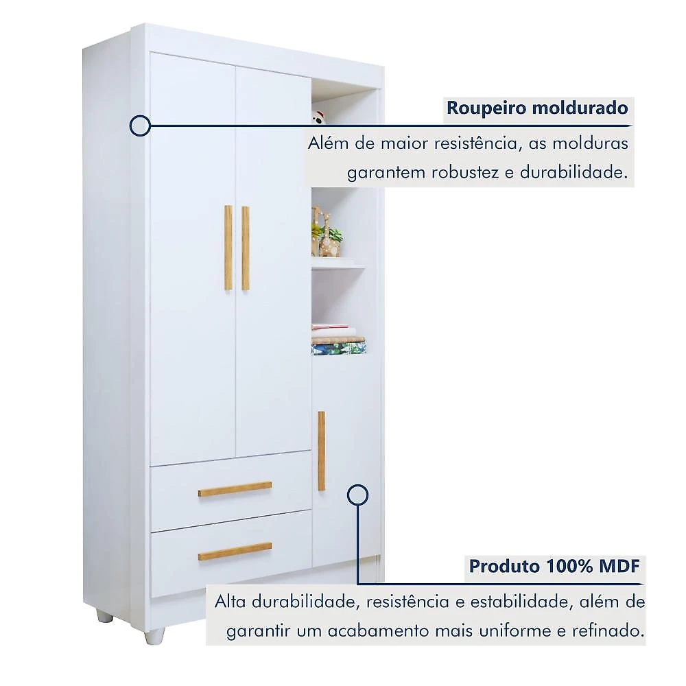 Quarto de Bebê Completo com Cômoda, Mini Berço com Colchão e Guarda Roupas Lila Branco