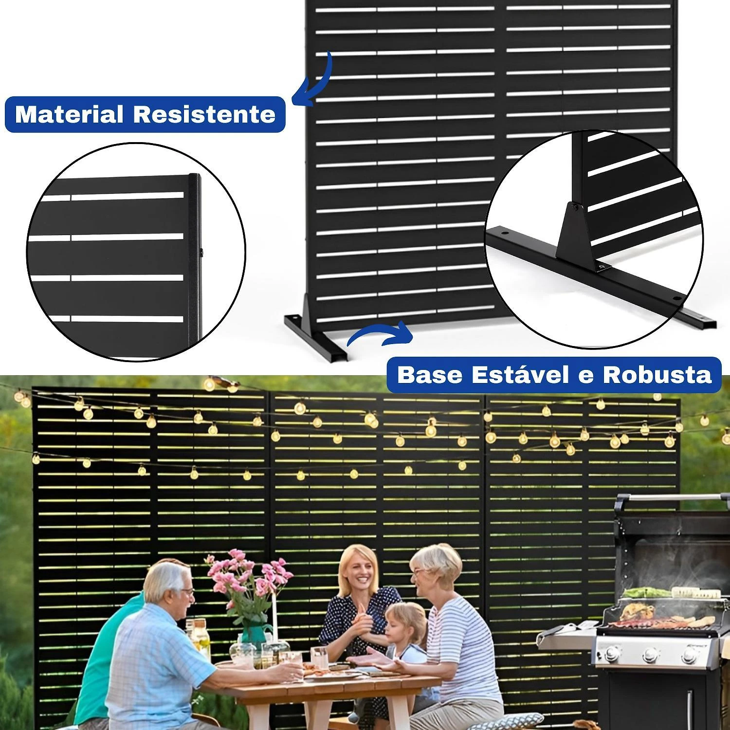 Biombo Reto Linhas De Metal Interno/Externo 1,8X1,2Mt Preto