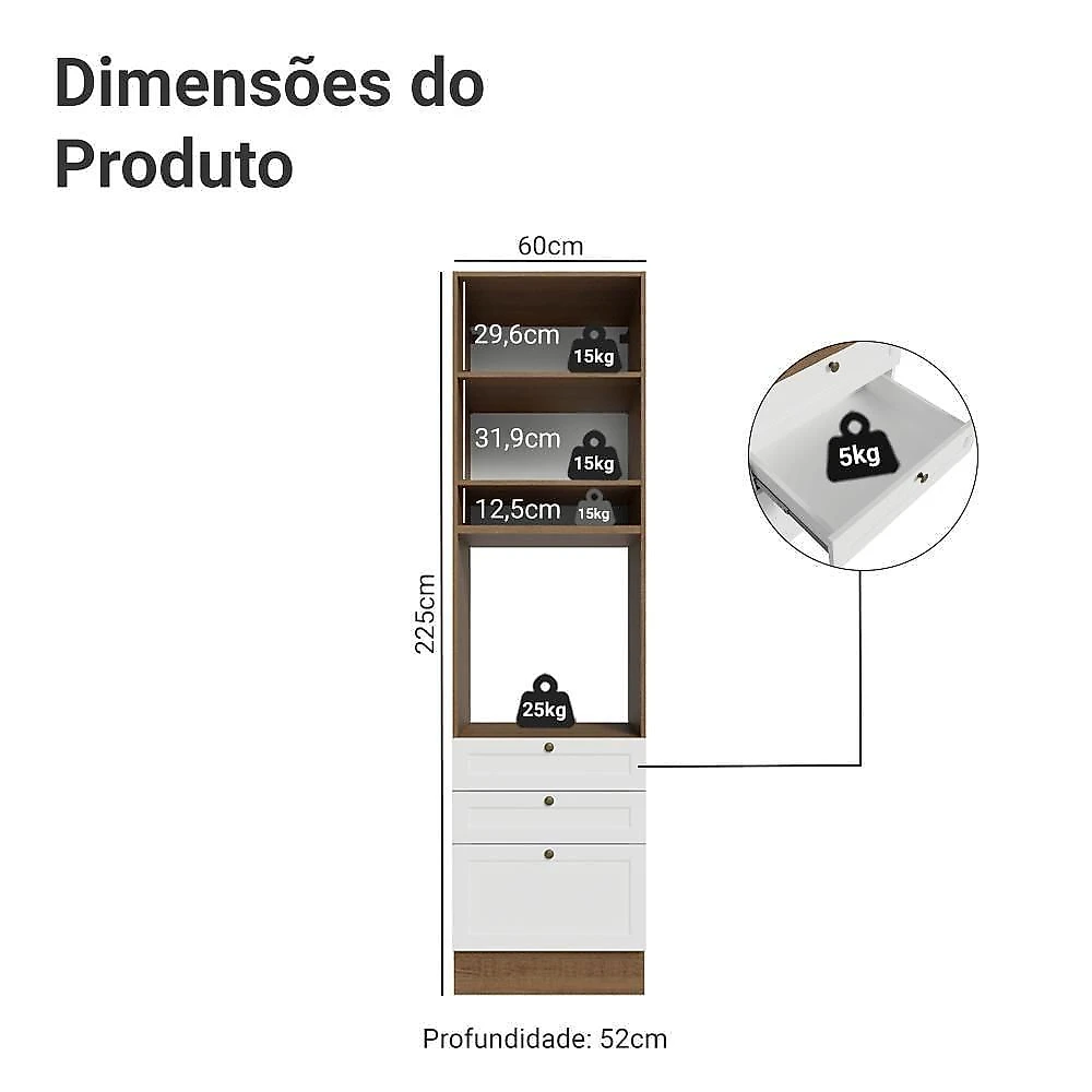 Torre Quente 60 Cm 1 Porta 3 Gavetas Rustic/branco Vik Madesa Rustic/branco