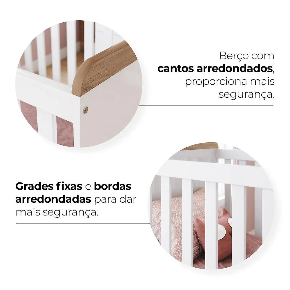 Conjunto Quarto de Bebê Berço 2 em 1 e Guarda-Roupa Yuri Branco/Jequitibá HP