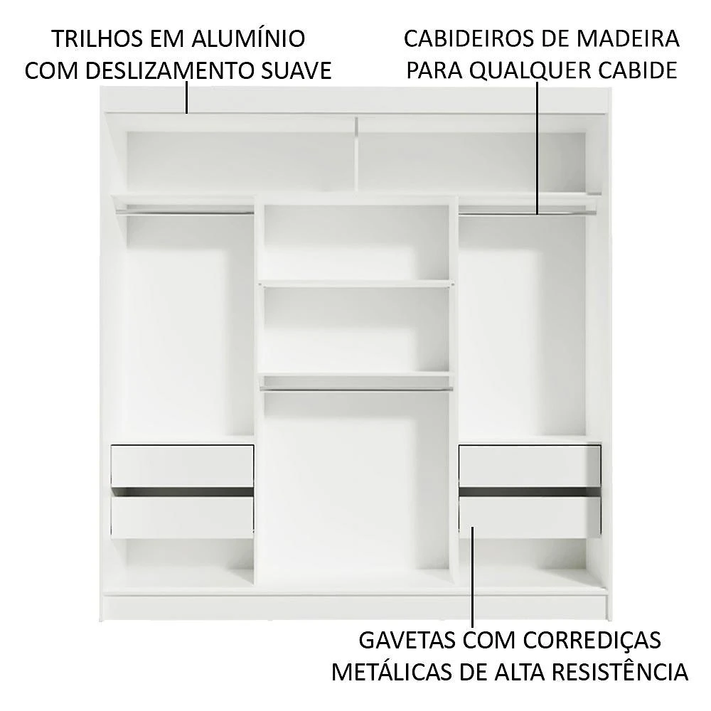 Guarda-Roupa Casal Madesa Reno 3 Portas de Correr com Espelho - Branco Branco