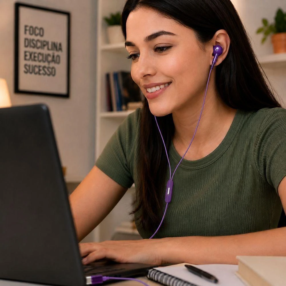 Fone de Ouvido com Fio USB Tipo-C com Microfone Som Estéreo Conector USB Tipo-C Super Bass