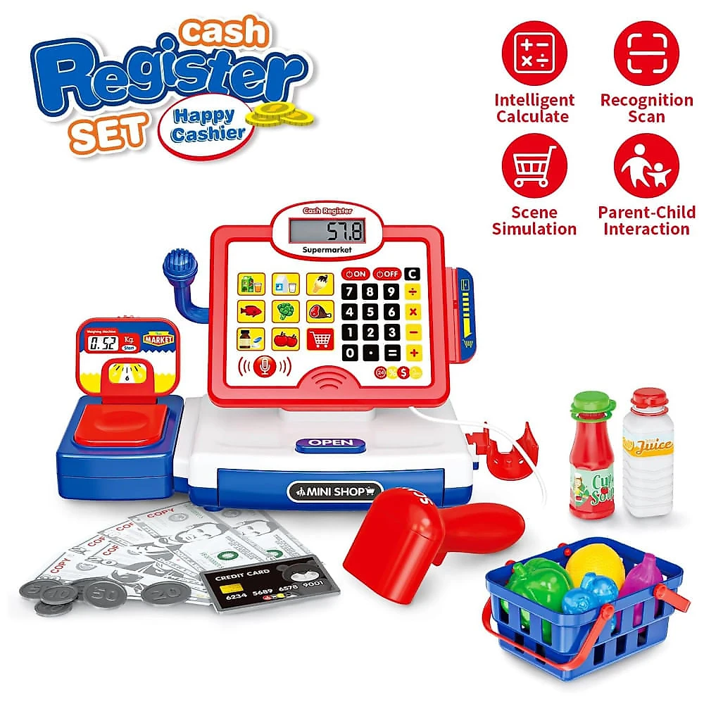Caixa Registradora FS com Scanner, Dinheiro de Brinquedo, Cartão e Cesta para Crianças 3-7 Anos