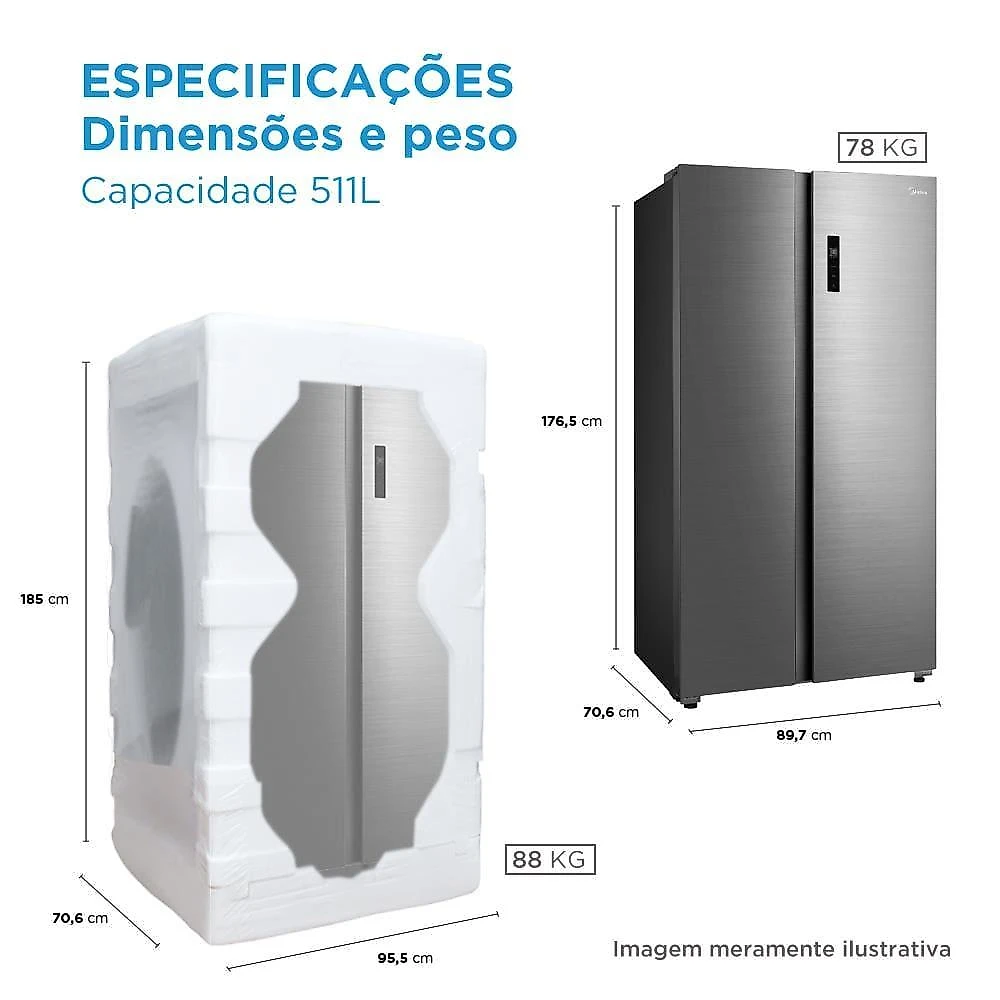 Geladeira fost free side by side midea md-rs710 511l smart inverter wi-fi alexa inox 110