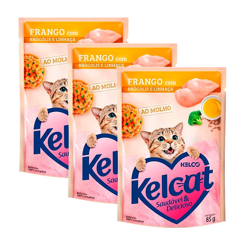 Kit 3 Ração Úmida para Gatos Kelcat Sabor Frango com Brócolis e Linhaça em Sachê 85g