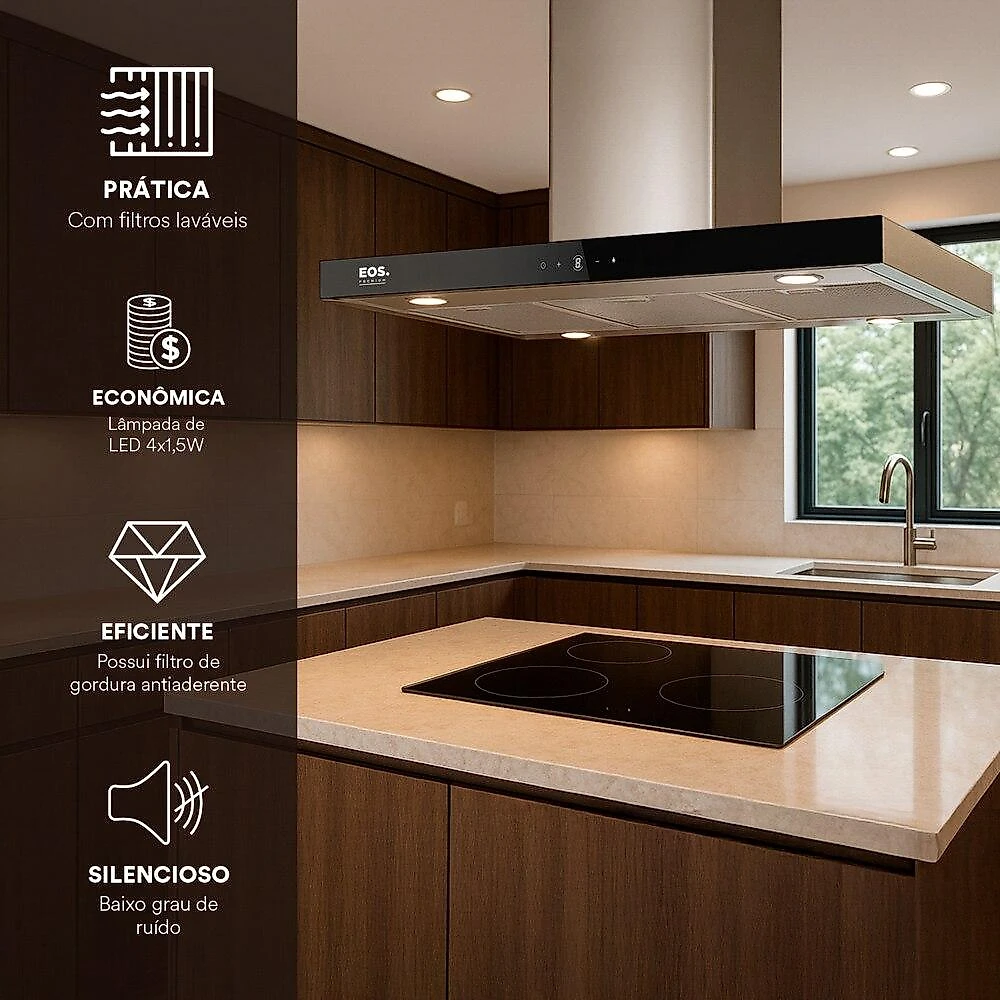 Coifa e Depurador de Ilha EOS 90cm Premium com Painel Digital Touch e Vazão de 1200m³/h Inox ECO91ITDI 110V