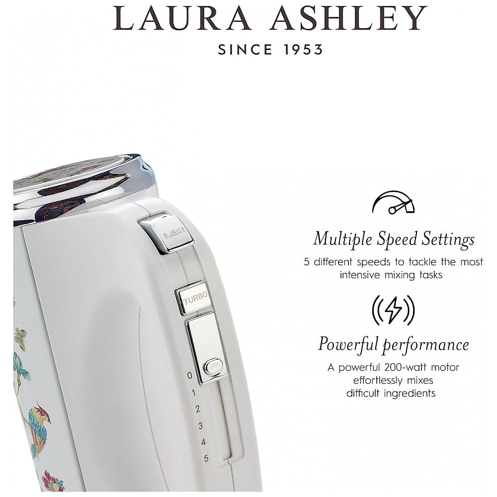 Batedeira de Mão Elétrico Laura Ashley Branco com Estampa Floral 200W 5 Velocidades Turbo Inox VQ-SBSMR57-LAEW-US 110V