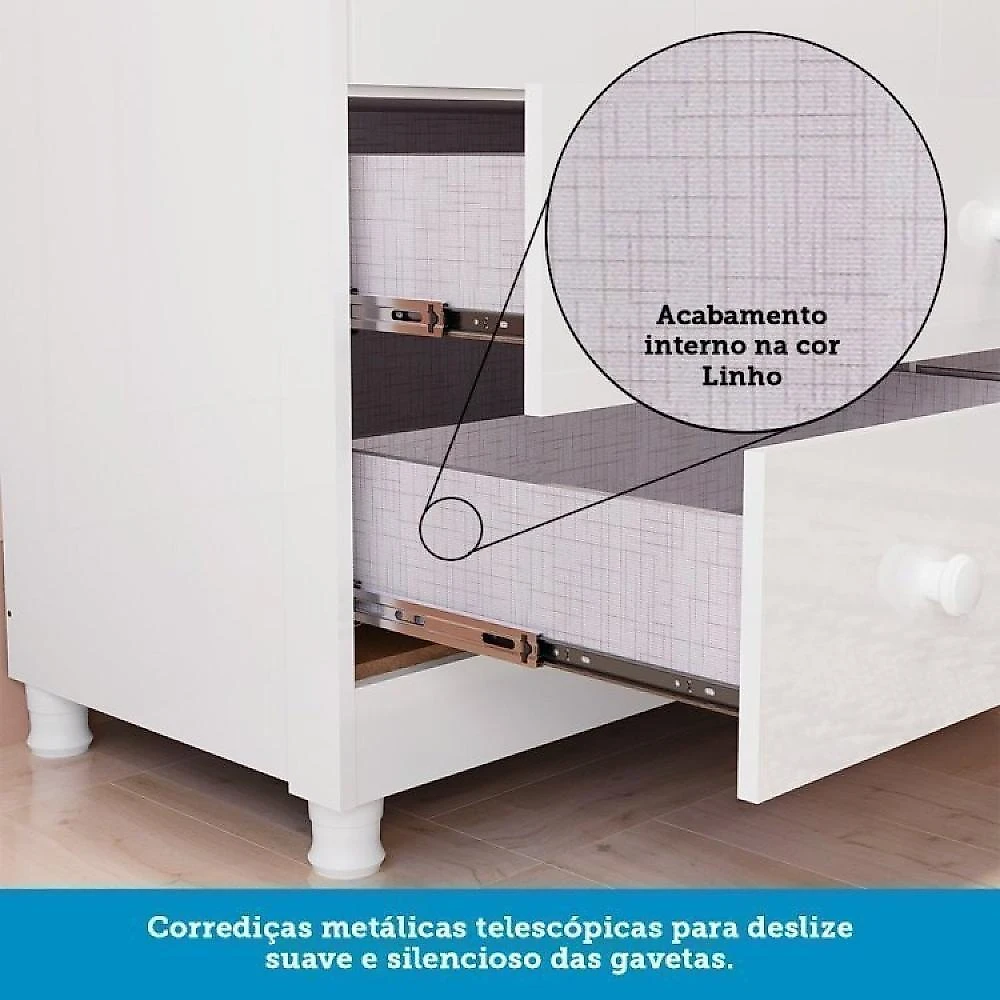 Quarto de Bebê Berço com Capitonê Guarda Roupa e Cômoda com Janela Maya Clássico Espresso Móveis Branco Brilho/Corino Branco