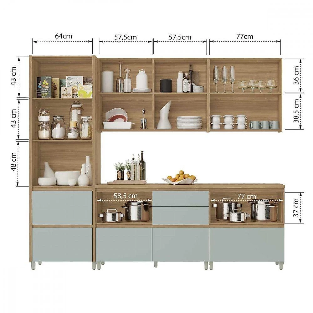 Cozinha 5 Peças Rainha 2 Portas 7 Gavetas MDF Nature e Verde Nesher Móveis webcontinental-7899766223418