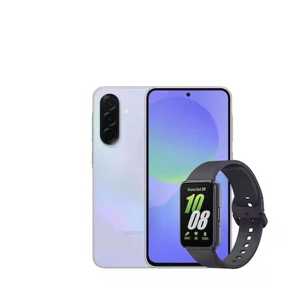 Smartphone samsung galaxy a36 5g violeta 128gb, 6gb ram, câmera tripla até 50mp, tela super amoled 6.7", ip67, nfc e recursos ai + galaxy fit3 grafite