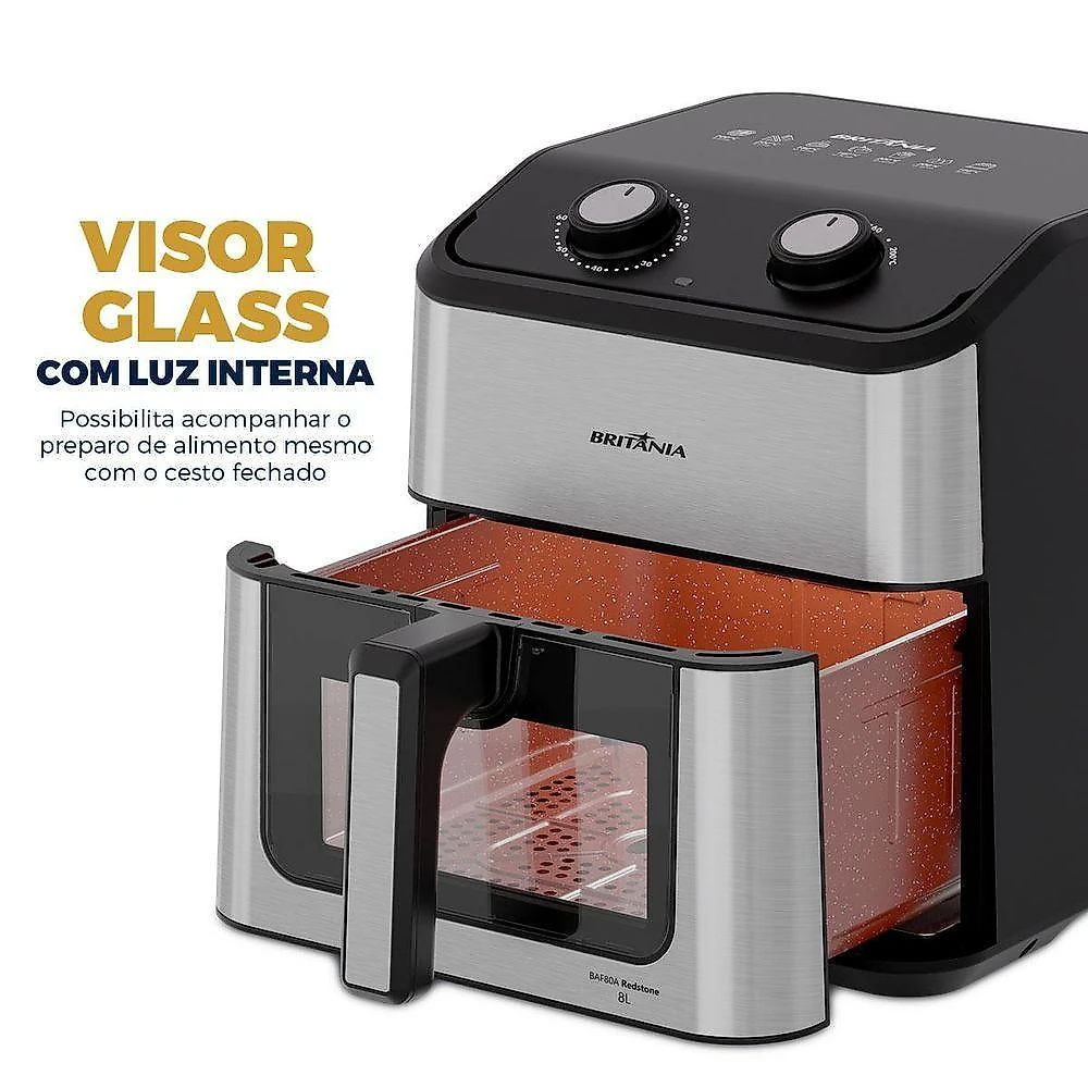Air Fryer Britânia 8L Redstone Visor Glass BAF80A 110V