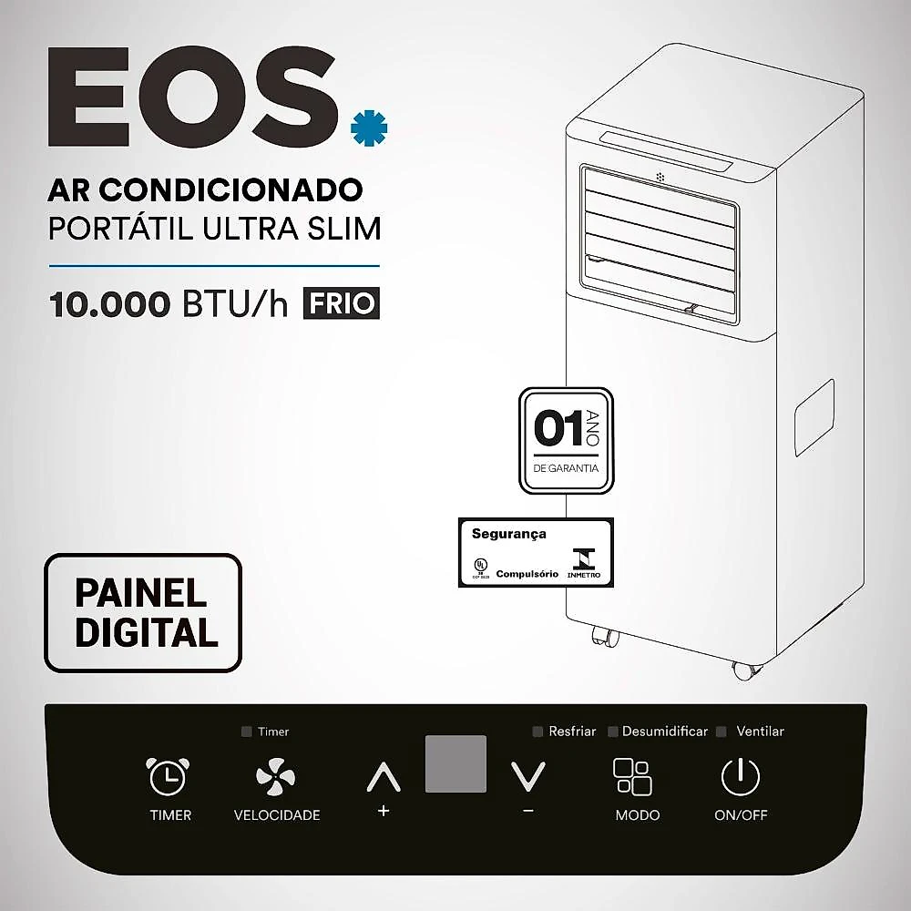 Ar-Condicionado Portátil 10000 BTUs EOS Ultra Slim All Black EAP10FP 110V