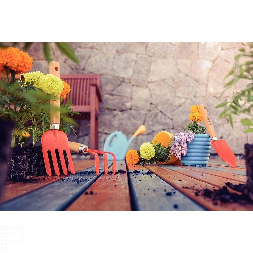 Kit Infantil Criança Plantando com Pá Regador Vaso Ancinho e Avental Laranja Tramontina