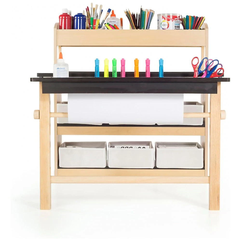 Estação de artes Deluxe Art Center Guidecraft em madeira natural com mesa ampla, prateleiras, 6 bins e 2 banquetas para desenho e pintura
