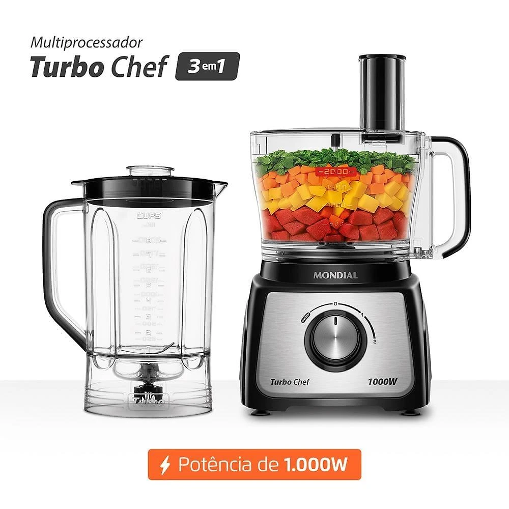 Multiprocessador mondial turbo chef 3 em 1 mpn-02-be 1000w preto inox