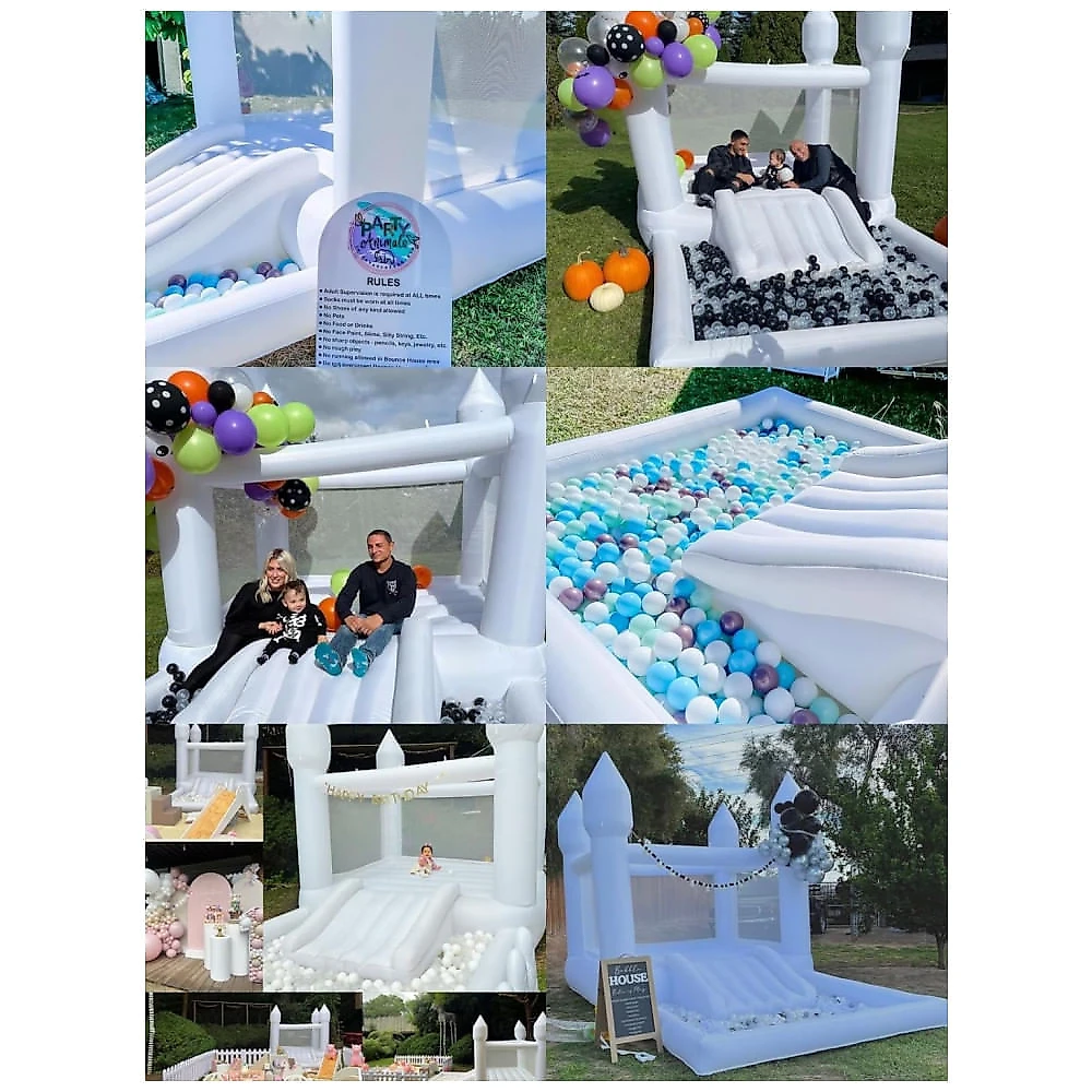 Casa de Pula-Pula Branca Inflável para Crianças com Motor UL Portátil, Grande Piscina de Bolinhas e Espaço para Pular 3 em 1 - Cessbong