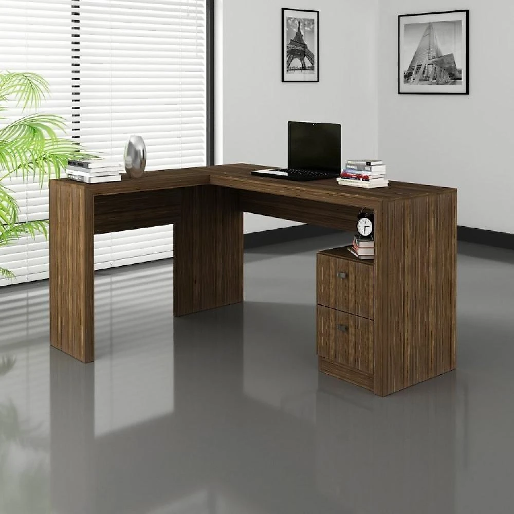 Kit 2 Peças com Mesa para Escritório em L e Estante Livreiro Conjunto Home Office 2 Peças 1 Mesa para Escritório em L com 1 Estante Espresso Móveis Nogal