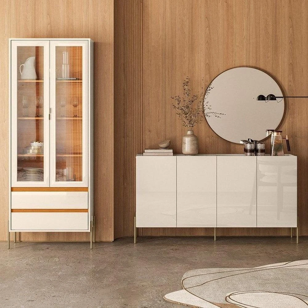 Conjunto Cristaleira Brisa e Buffet Aparador Balcão Cais Bandeja Integrada para Sala de Jantar Cinamomo/Off White