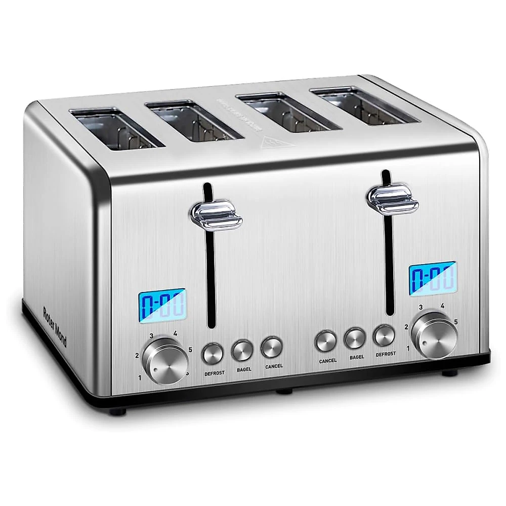 Torradeira de 4 fatias em Aço Inoxidável com Contador Regressivo e Funções Bagel, Descongelar e Cancelar - 1650W,Roter Mond