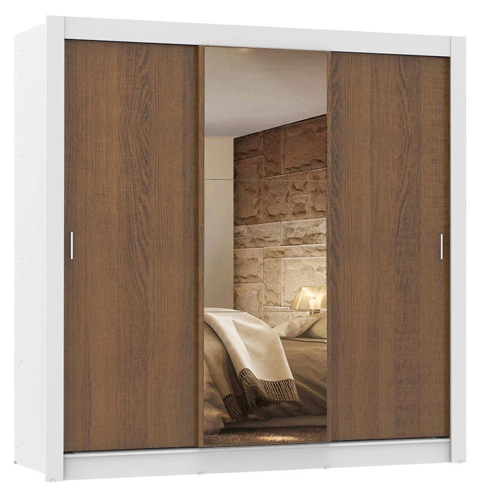 Guarda roupa casal madesa lyon 3 portas de correr com espelho 2 gavetas - branco/rustic