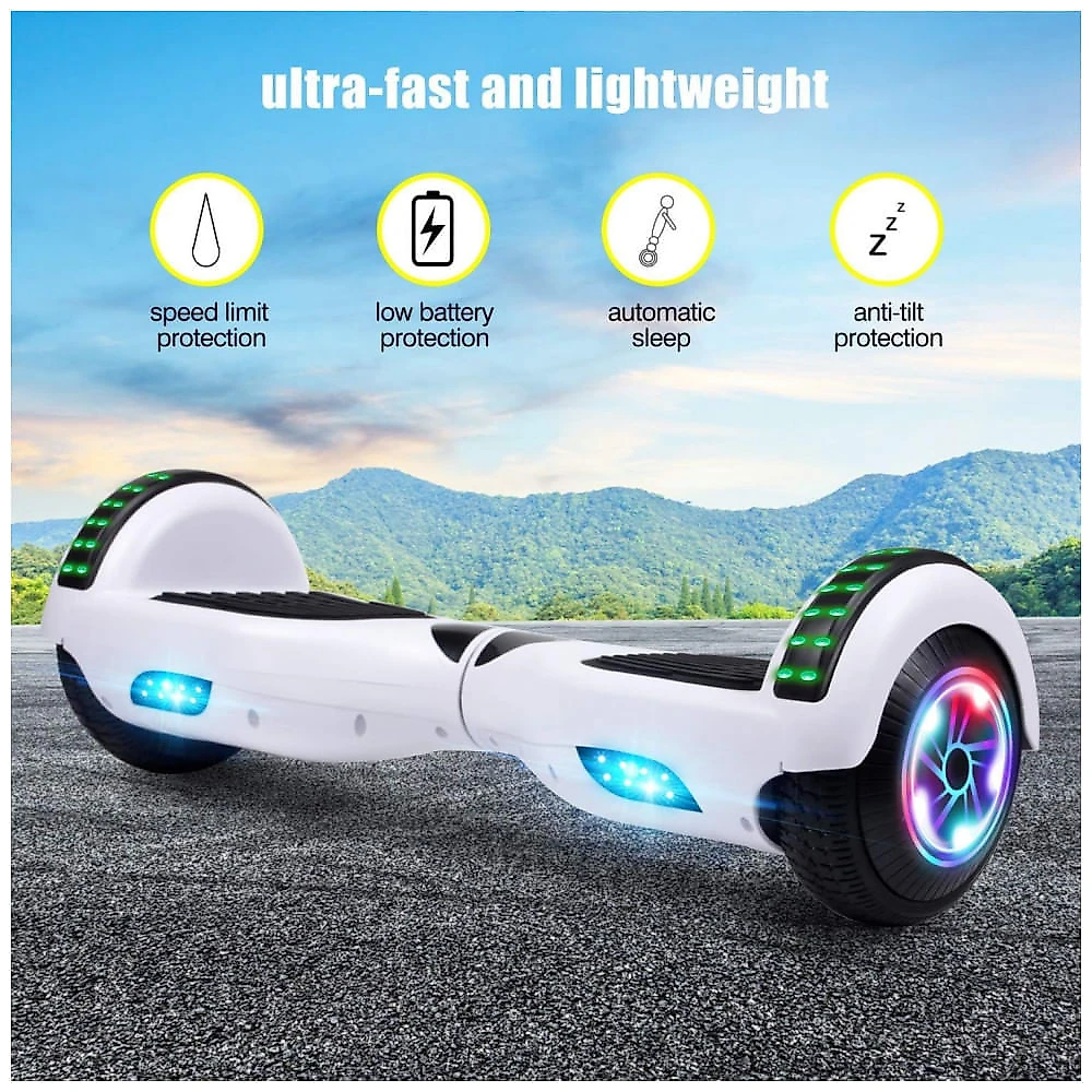 Hoverboard Elétrico Branco, Autoequilibrado, 16 km/h, Motor 350W, Bateria 36V 4Ah, Alcance 16 km, Bluetooth e Luzes LED, Peso 10,5 kg
