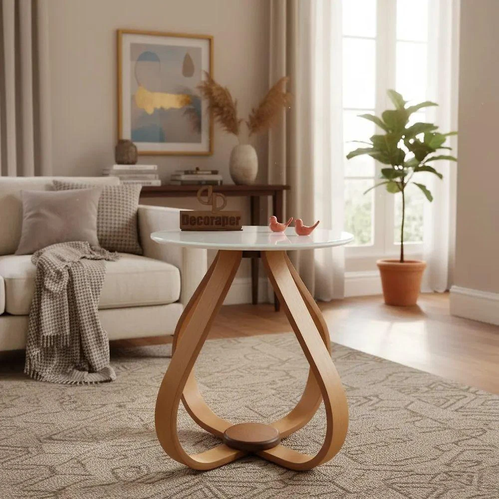 Mesa Lateral Bela Alice Redondo Vidro MDF Madeira 45CM Branco