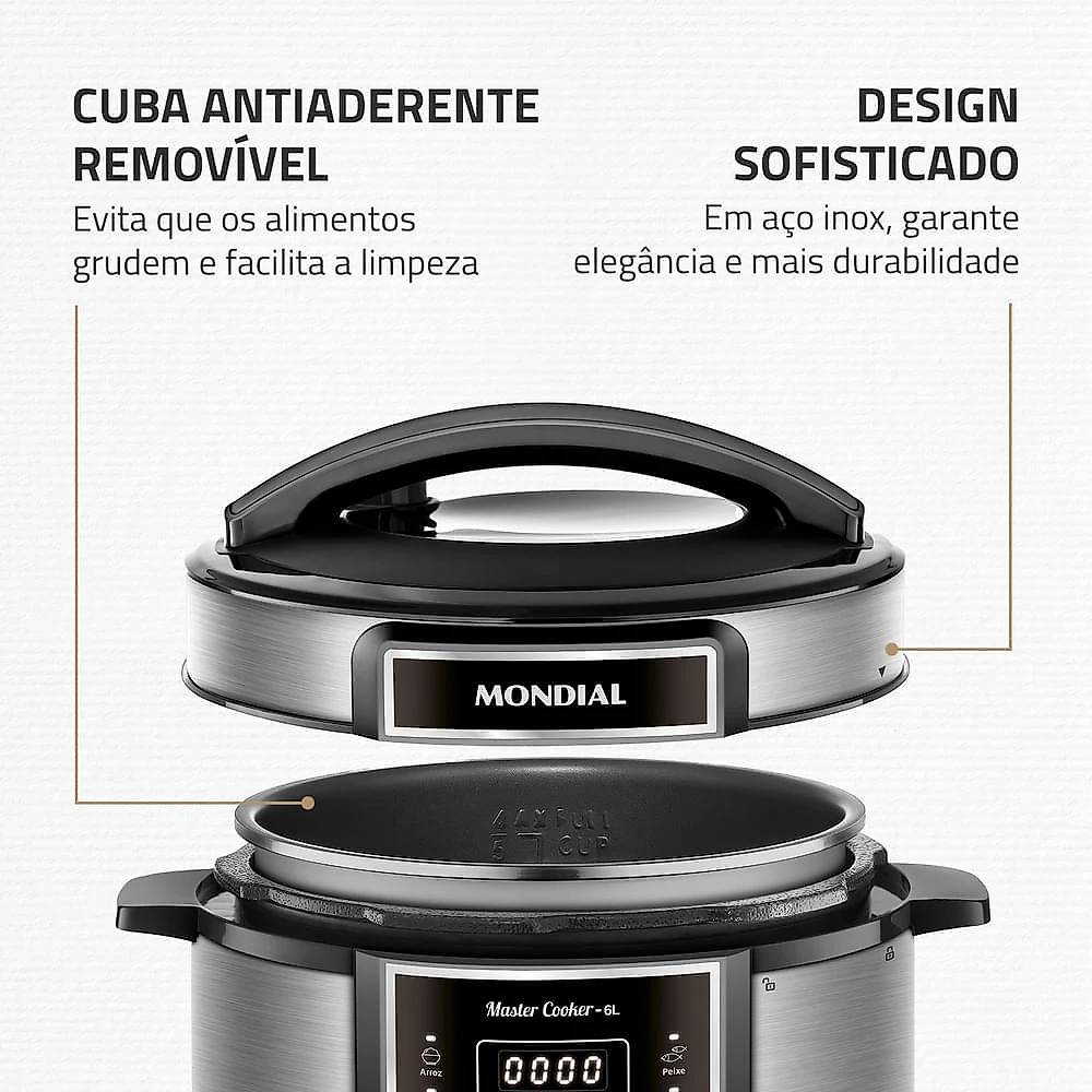 Panela de Pressão Elétrica Digital 6L Mondial Preto/Inox - PE-60-6L-I PAN. ELET. PRESS. PE-60-6L-I 127V/60HZ