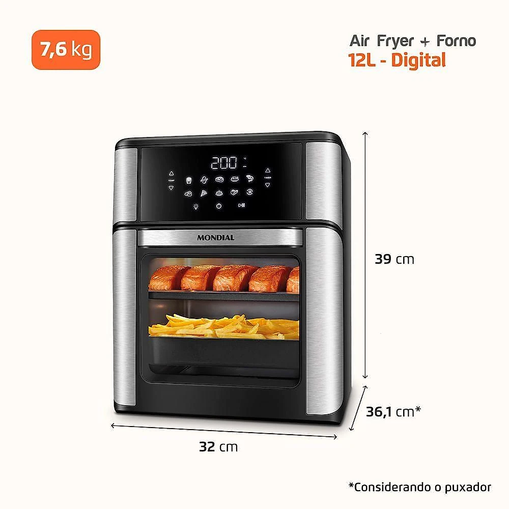 Fritadeira Air Fryer Forno Oven 12L Mondial Inox Preto 2000W AFON-12L-BIN 220V