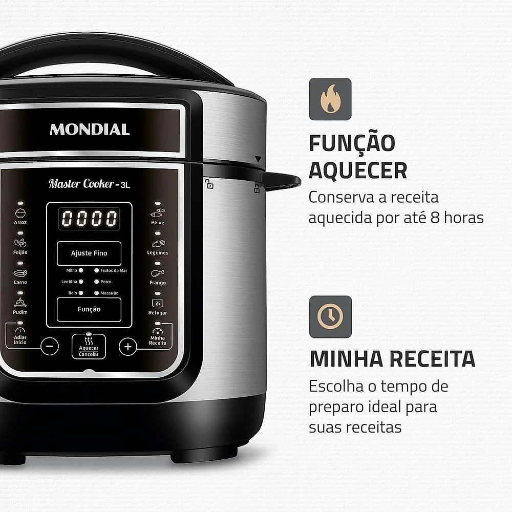 Panela elétrica de pressão mondial digital master cooker pe-40 3l - preta/inox