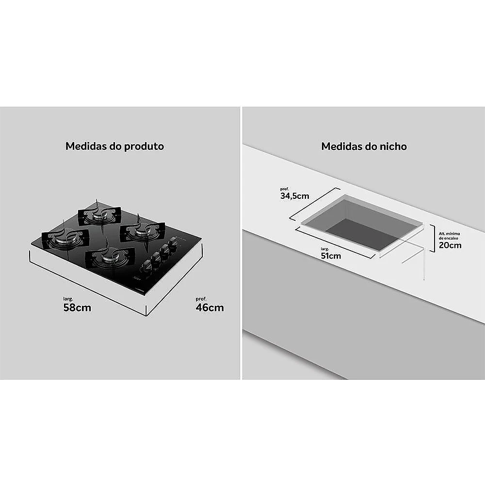 Cooktop 4 Bocas Atlas U Top Acendimento Superautomático, Preto Bivolt