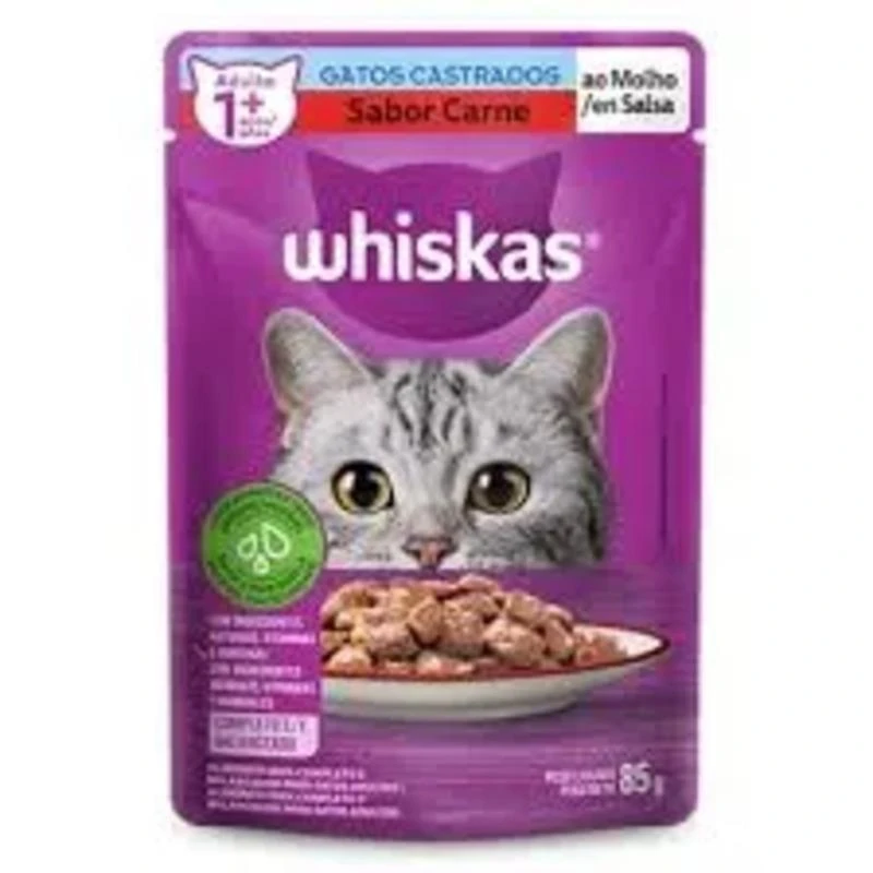 Ração Úmida Whiskas Sachê Carne para Gatos Castrados 85g