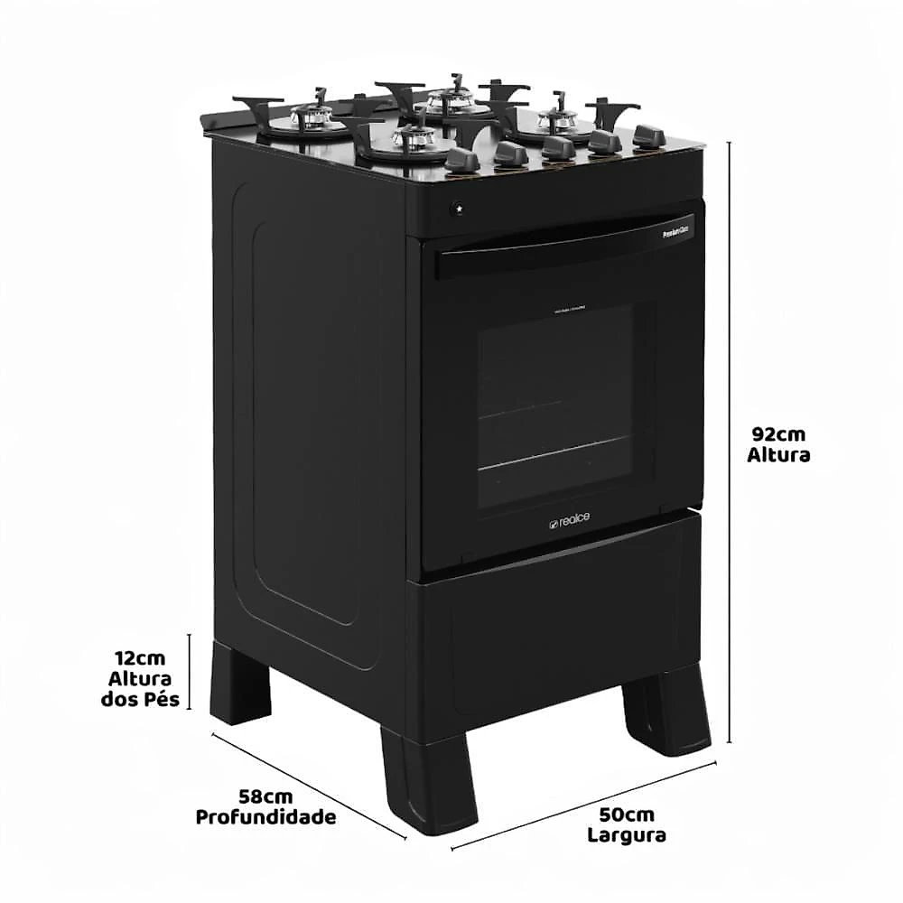 Fogão 4 Bocas A Gás Bivolt Premium Glass Realce Cr228 Preto Preto