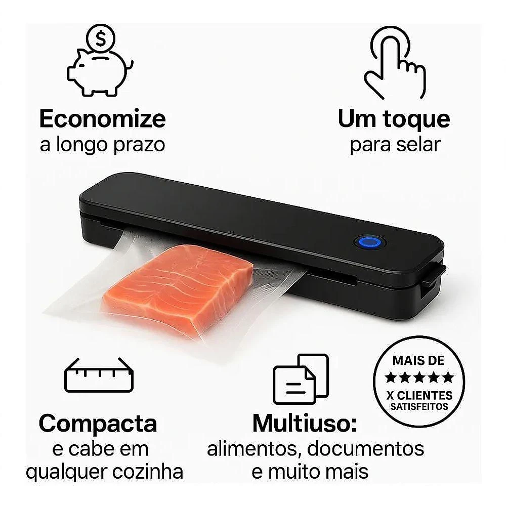 Máquina Seladora a Vácuo de Alimentos Portátil Elétrica Conserva Carne Legumes e Congelados Branco