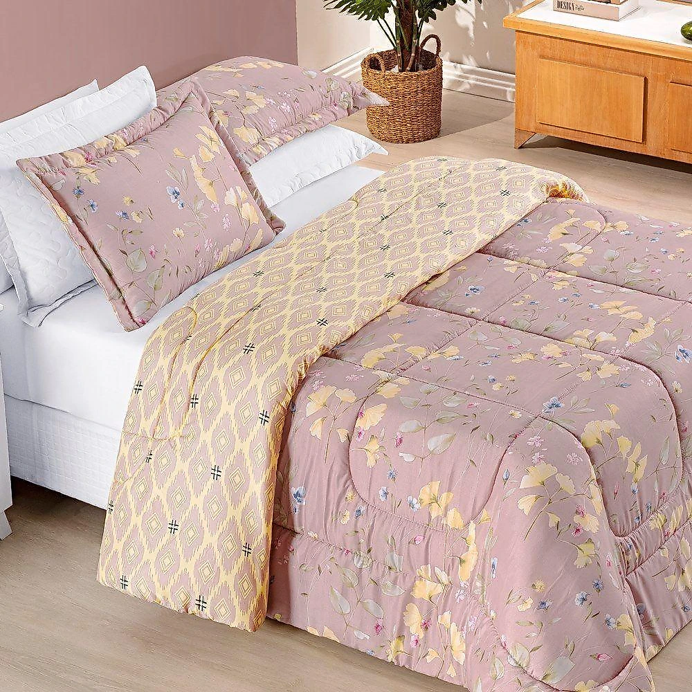 Edredom 2,40m X 2,20m + Jogo De Cama Dupla Face Bouti Queen 07 Peças 100% Poliéster - Lavanda