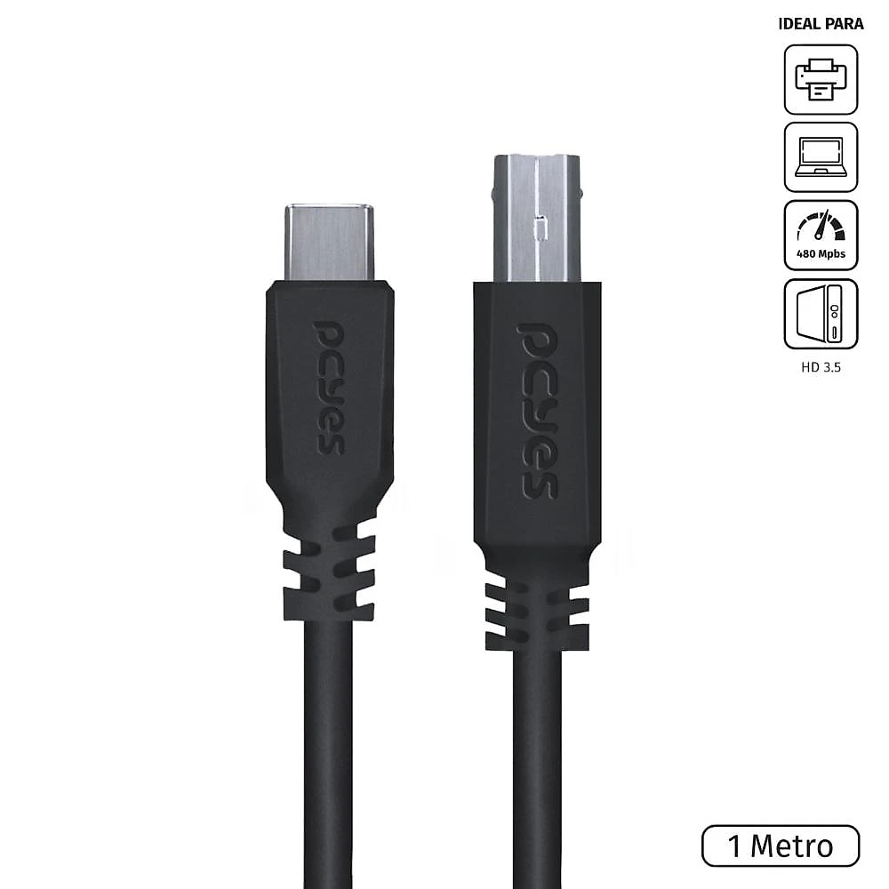 Cabo impressora usb-c para usb-b 2.0 1m preto pcyes