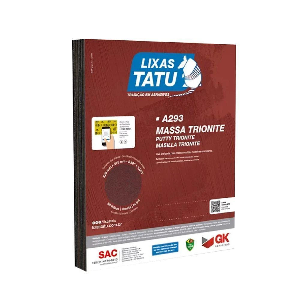 Lixa Massa A293 Trionite Grão 100 para Madeira Metal Massa Corrida e Gesso Tatu Marchesan