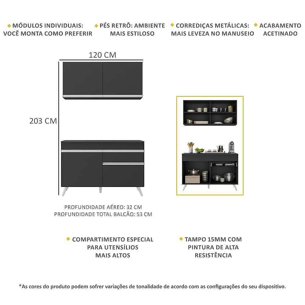 Armário De Cozinha Compacta 2 Peças Mp3687.898 Veneza Preto