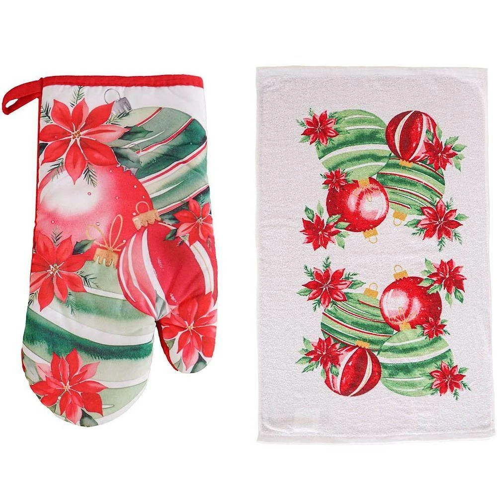 Kit 2 Peças Natalino Pano De Prato E Luva De Forno Bene Casa Bolas De Natal