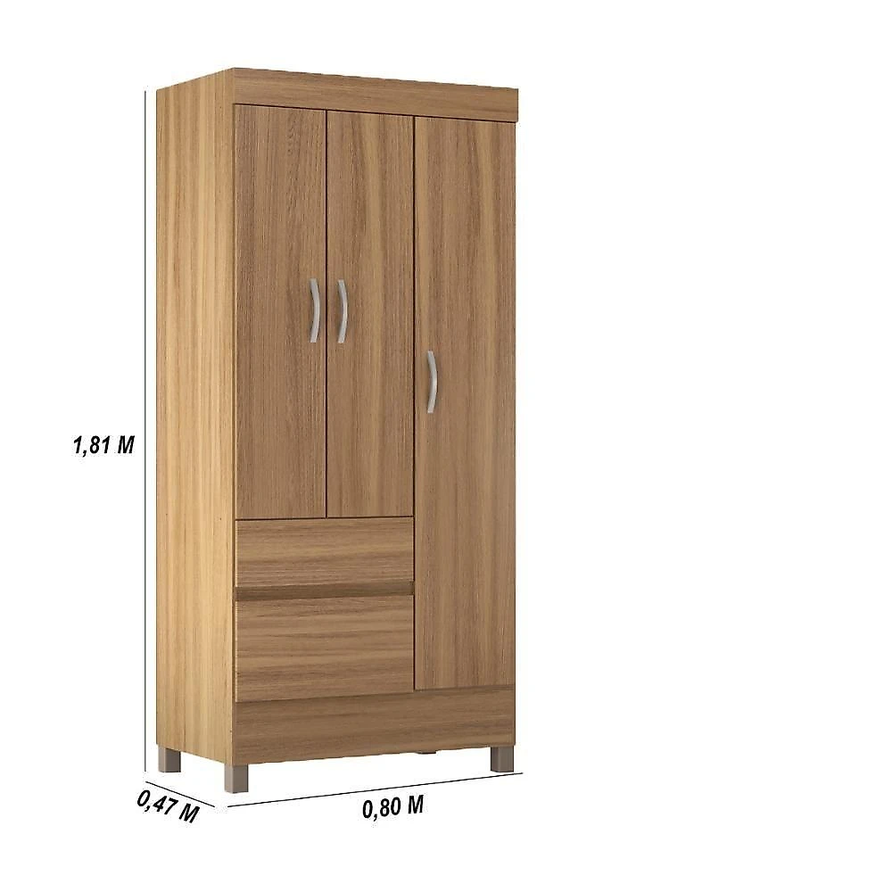Kit Guarda Roupa Solteiro 3 Portas Wind Cômoda Astral Amêndola Touch