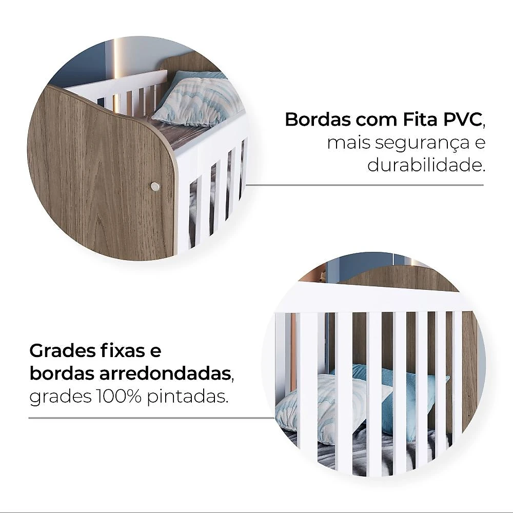 Quarto de Bebê Compacto com Berço e Guarda Roupa Lápis de Cor Espresso Móveis Rústico/Branco